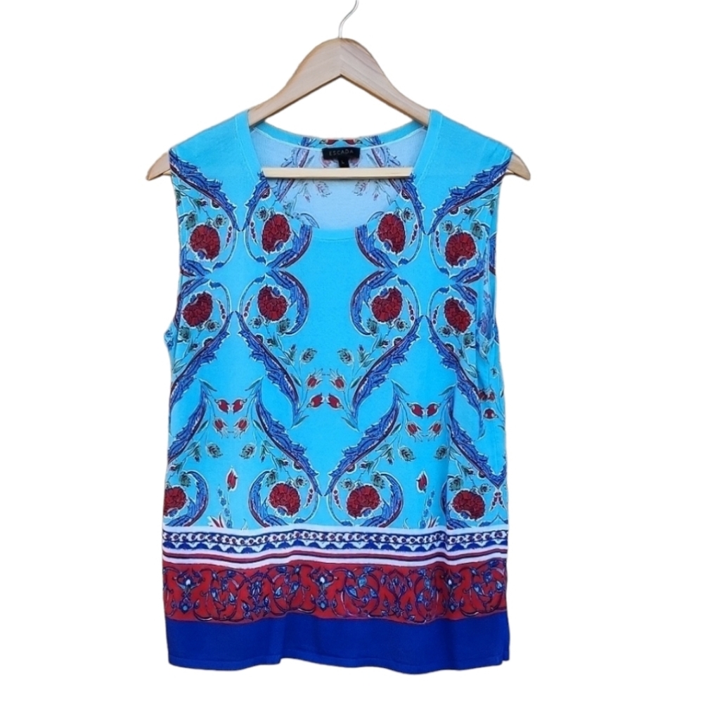 ESCADA Majorca Fantasy Floral Sleeveless Blouse L Silk Blend Resort Luxury Top - Picture 15 of 16